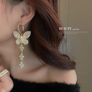 Butterfly Tassel Earrings Rhinestone Flower Imitation Artificial Pearl Jewelry With 925 Sterling Silver Earring Post Elegant For Women