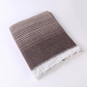 Detail showing folded brown gradient striped shawl with white fringe on white backdrop