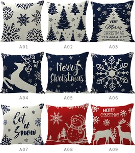 Nine Christmas linen pillow covers featuring reindeer and snowman patterns in a grid layout