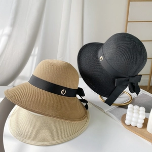 Women Straw Bucket Hat Elegant Woven Sun Hat With Bow Ribbon Gold Buckle Summer Beach Travel Foldable Breathable