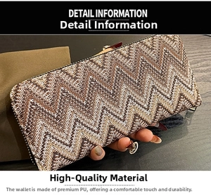 Close-up of long zip wallet featuring colorful wave pattern and premium PU leather texture