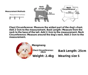 Size guide for pet winter clothes showing chest, back and neck measurement details