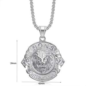 Detailed view of silver lion head embossed pendant with dimensions 42mm by 39mm
