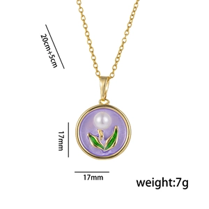 French vintage purple enamel flower pendant with white pearl and gold finish for women