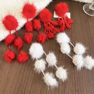 Silver needle plush pompom earrings with crystal tassels and roses for autumn winter