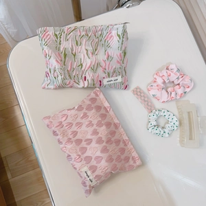 Pink heart and floral embroidered canvas makeup bags with matching hair accessories