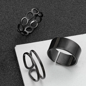 Three-piece set of black minimalist titanium steel rings with open adjustable bands