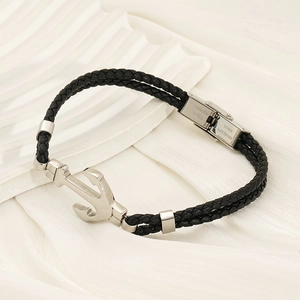 Bracelet ancre homme en cuir tressé noir avec fermoir en acier inoxydable