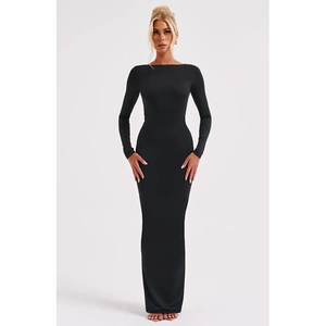 Front view of a sleek black long sleeve bodycon maxi dress with a slim fit silhouette