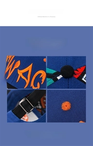 Detailed views of the Swag 3D embroidery and adjustable metal buckle on a navy cotton cap