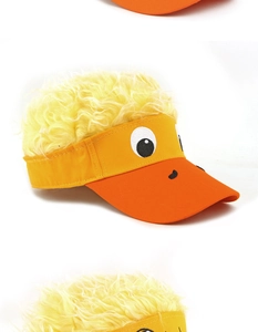 Detalle de gorra de pato con pelo amarillo de peluche y visera naranja vibrante