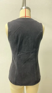 Detailed back view of a retro slim-fit dark gray washed denim vest on a mannequin