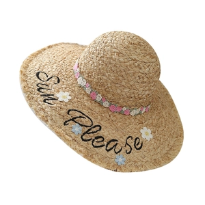 Summer raffia straw sun hat with 'Sun Please' embroidery and floral ribbon detail