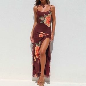 Sexy Lange Damesjurk Met Bloemenprint Mesh Spaghettibandjes Hoge Split Rugloos Bodycon Ruches Vakantie