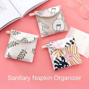 Sanitary Napkin Storage Bag Cotton Linen Menstrual Pad Pouch Portable Small Cosmetic Organizer Cartoon Animal Pattern