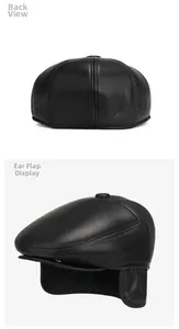 Detail view of men's winter leather flat cap showing back and earflaps protection