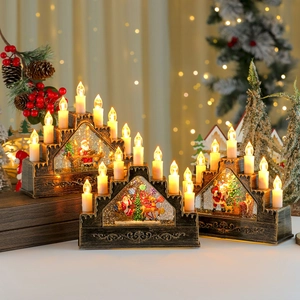 Vintage bronze Christmas LED music box candle lantern with rotating water glitter snow globe