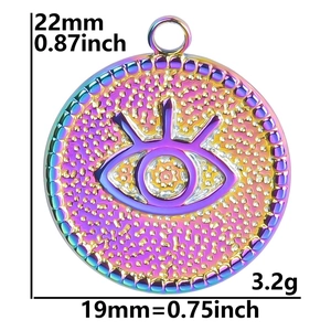 Rainbow stainless steel devil eye pendant measures 19mm by 22mm with a weight of 3.2g