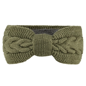 Detail of olive green knit headband featuring thick wool texture and grey lining