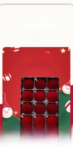 Detail of 12-piece red velvet Christmas baubles with spiral texture in gift box packaging