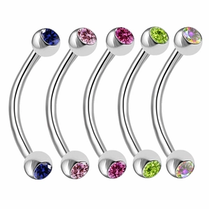 Set of 5 stainless steel eyebrow rings with colorful crystals on a white background
