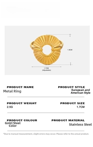 Detailed view of 18K gold plated stainless steel hollow ring with pleated texture details