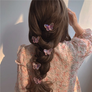 Cinq barrettes papillon rose translucide sur une coiffure tressée pour fille