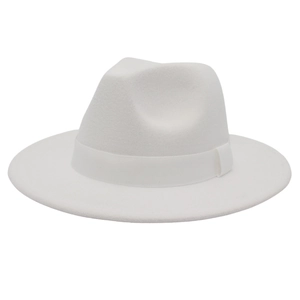 Detailed view of a classic white wool felt Fedora hat with a matching ribbon band