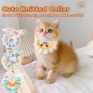 Handmade knitted floral pet collar for cats and small dogs featuring cute daisy patterns