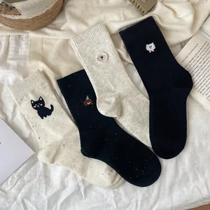 Breathable mid-calf cotton socks with colorful speckled yarn and cartoon animal embroidery