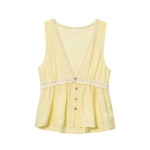 Elegant sleeveless V-neck yellow top with delicate white lace trim and button detail