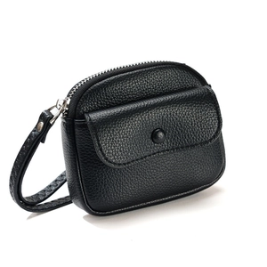 Black litchi grain leather wristlet wallet with front flap pocket and top zipper closure