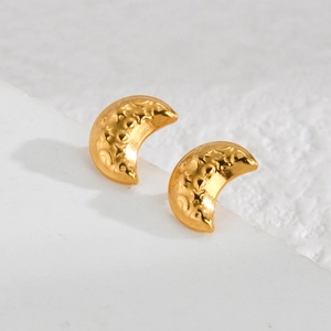 Elegant gold crescent moon stud earrings with star texture on a white minimalist background