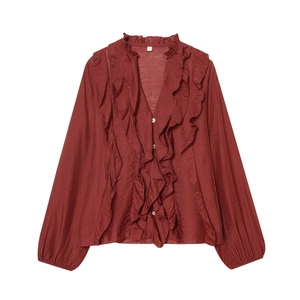 Elegant deep red V-neck chiffon blouse with layered ruffles and long lantern sleeves