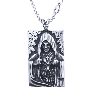 Gothic skull reaper relief pendant necklace in vintage silver finish with long chain