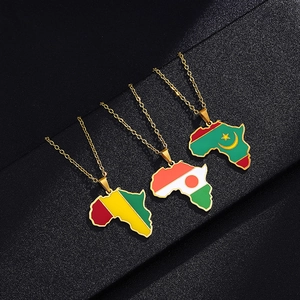 Detail of African map necklaces featuring Mauritania, Niger and Guinea flags in gold finish