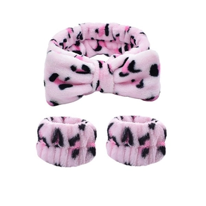 Pink leopard print plush headband and wristband set for washing face and skincare