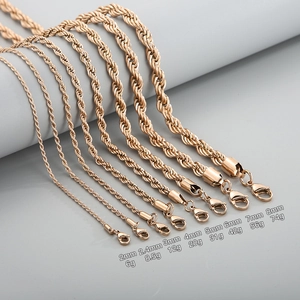 Rose gold twisted rope chain necklaces in multiple sizes from 2mm to 8mm stainless steel