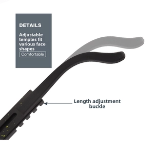 Detail of adjustable sunglasses temple with multi-stage length extension for comfort fit