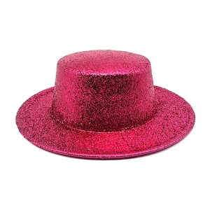 Detail of fuchsia sequin flat top fedora hat with shimmering finish and wide brim