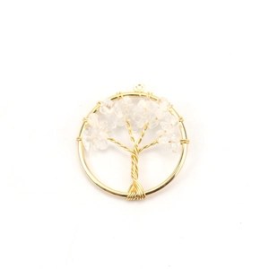 Detailed close-up of golden Tree of Life pendant with white crystal chips and wire wrap