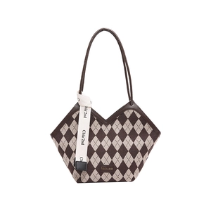 Vintage argyle pattern V-neck tote bag with thin shoulder straps and decorative ribbon