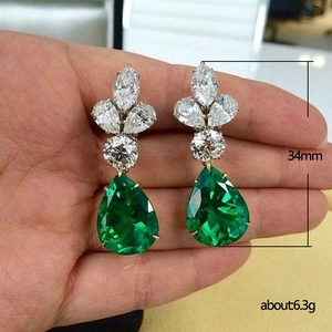 Three-leaf clover earrings with emerald teardrop zirconia, height 34mm, weight 6.3g