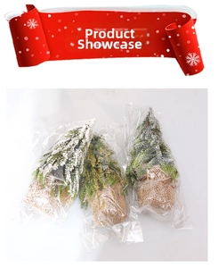 Three-piece mini burlap base Christmas trees for desktop decoration with flocking and glitter