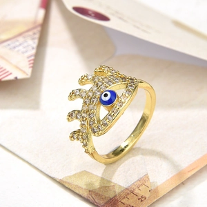 Evil eye open ring with gold copper plating and blue zircon stones for women