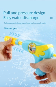 Detailed pull-action water gun toy featuring blue and yellow design for kids beach play
