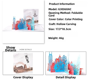 Detail of 3D pop-up greeting card featuring Xi'an landmarks with laser cut architecture