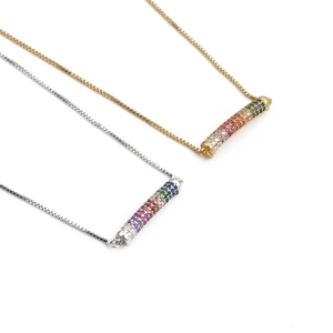 Rainbow Colorful Zircon Pendant Necklace Copper Micro Pave Bent Tube Bar Minimalist Fashion Jewelry For Women