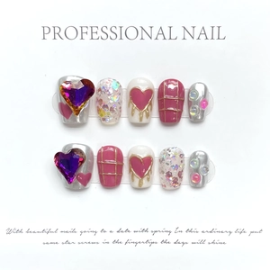 Handmade Press On Nails Y2K Sweet Style Heart Rhinestone Metallic Mirror Glitter Short Square Round For Women