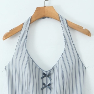 French striped halter neck dress with waist-slimming fit and decorative bows in grey blue
